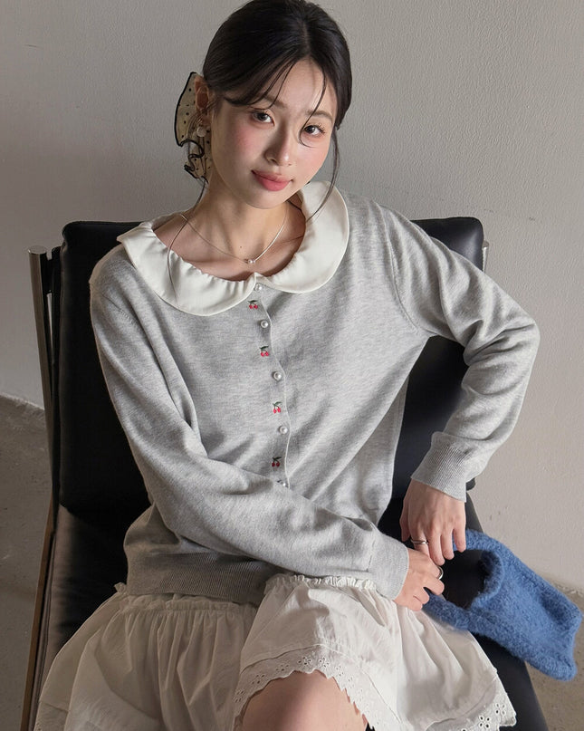 APXIVI Korean-Inspired Cherry Embroidery Wool Knit Cardigan (6% Wool)