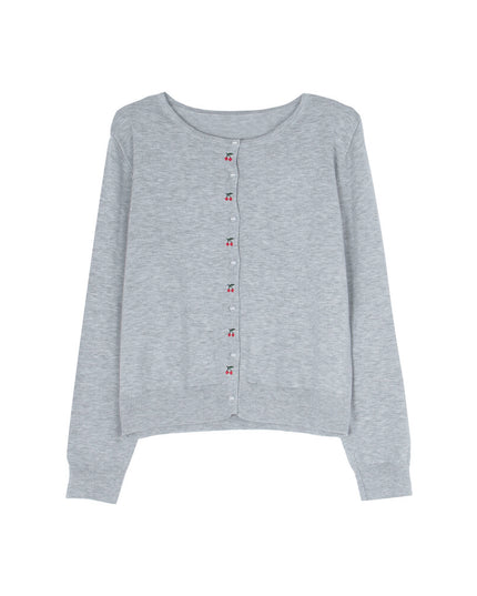 APXIVI Korean-Inspired Cherry Embroidery Wool Knit Cardigan (6% Wool)