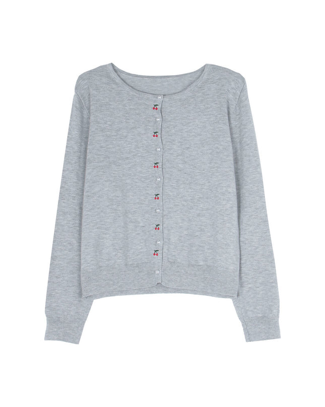 APXIVI Korean-Inspired Cherry Embroidery Wool Knit Cardigan (6% Wool)