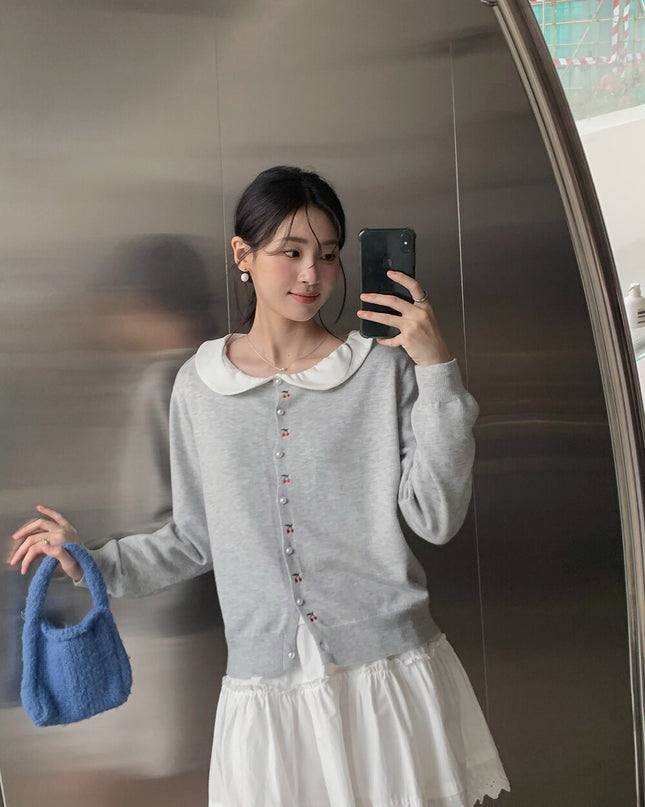APXIVI Korean-Inspired Cherry Embroidery Wool Knit Cardigan (6% Wool)