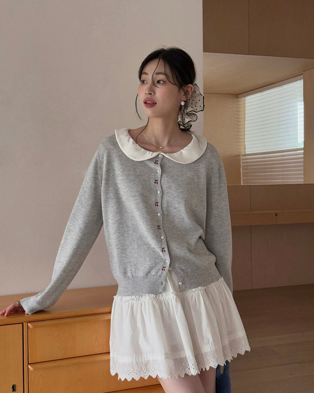 APXIVI Korean-Inspired Cherry Embroidery Wool Knit Cardigan (6% Wool)