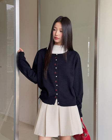 APXIVI Korean-Inspired Cherry Embroidery Wool Knit Cardigan (6% Wool)