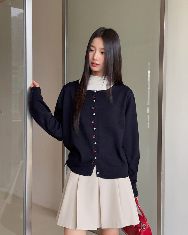 APXIVI Korean-Inspired Cherry Embroidery Wool Knit Cardigan (6% Wool)