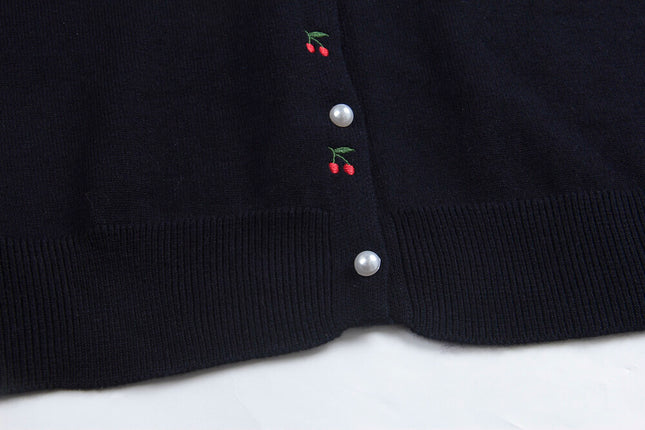 APXIVI Korean-Inspired Cherry Embroidery Wool Knit Cardigan (6% Wool)