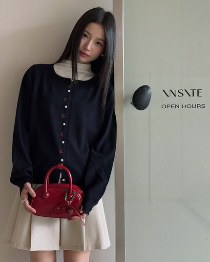 APXIVI Korean-Inspired Cherry Embroidery Wool Knit Cardigan (6% Wool)