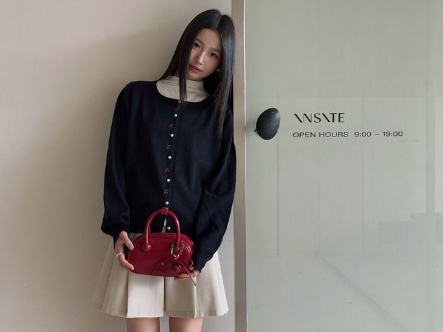 APXIVI Korean-Inspired Cherry Embroidery Wool Knit Cardigan (6% Wool)