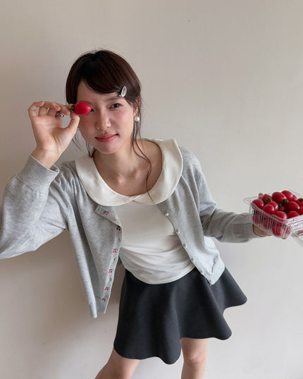 APXIVI Korean-Inspired Cherry Embroidery Wool Knit Cardigan (6% Wool)