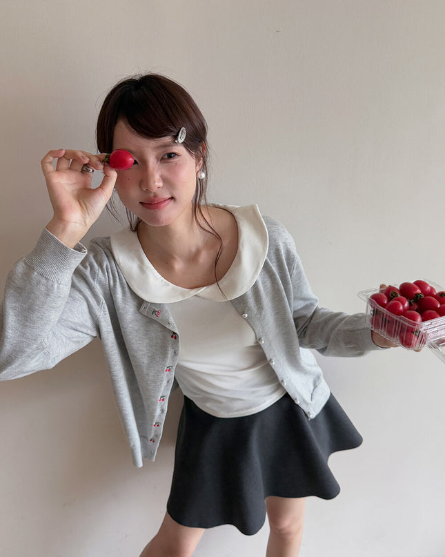 APXIVI Korean-Inspired Cherry Embroidery Wool Knit Cardigan (6% Wool)