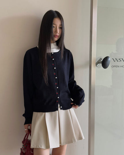 APXIVI Korean-Inspired Cherry Embroidery Wool Knit Cardigan (6% Wool)