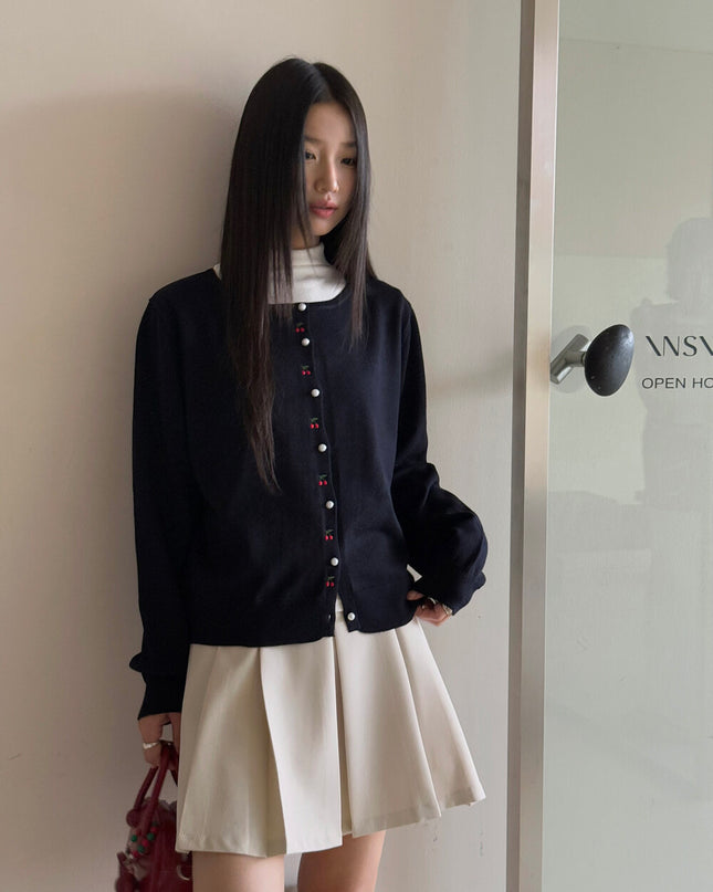 APXIVI Korean-Inspired Cherry Embroidery Wool Knit Cardigan (6% Wool)
