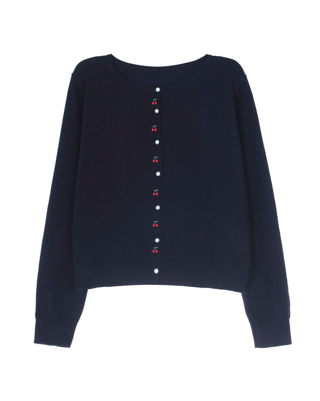 APXIVI Korean-Inspired Cherry Embroidery Wool Knit Cardigan (6% Wool)