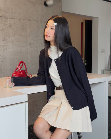 APXIVI Korean-Inspired Cherry Embroidery Wool Knit Cardigan (6% Wool)