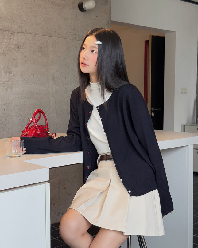 APXIVI Korean-Inspired Cherry Embroidery Wool Knit Cardigan (6% Wool)