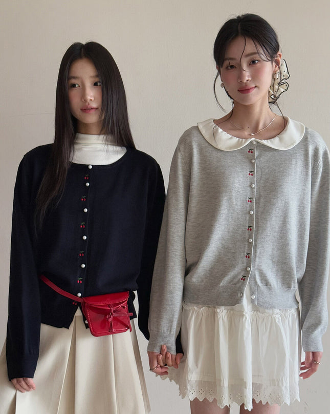 APXIVI Korean-Inspired Cherry Embroidery Wool Knit Cardigan (6% Wool)