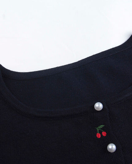 APXIVI Korean-Inspired Cherry Embroidery Wool Knit Cardigan (6% Wool)