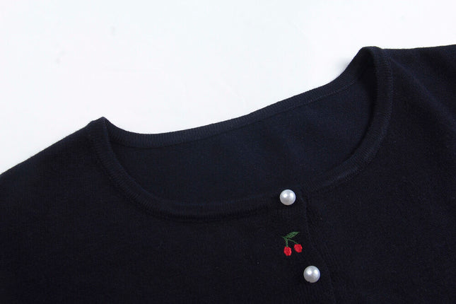 APXIVI Korean-Inspired Cherry Embroidery Wool Knit Cardigan (6% Wool)