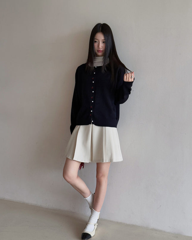 APXIVI Korean-Inspired Cherry Embroidery Wool Knit Cardigan (6% Wool)