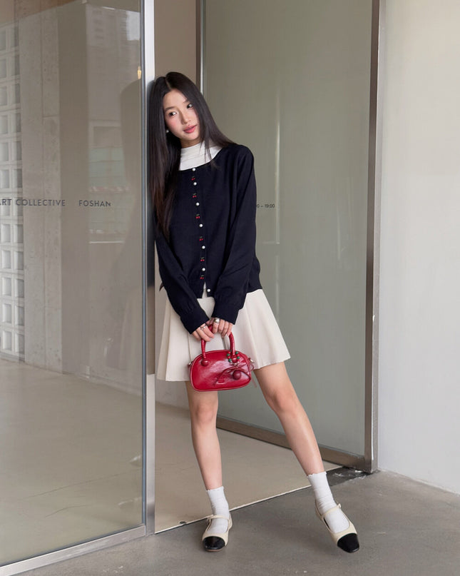 APXIVI Korean-Inspired Cherry Embroidery Wool Knit Cardigan (6% Wool)
