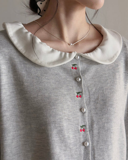 APXIVI Korean-Inspired Cherry Embroidery Wool Knit Cardigan (6% Wool)