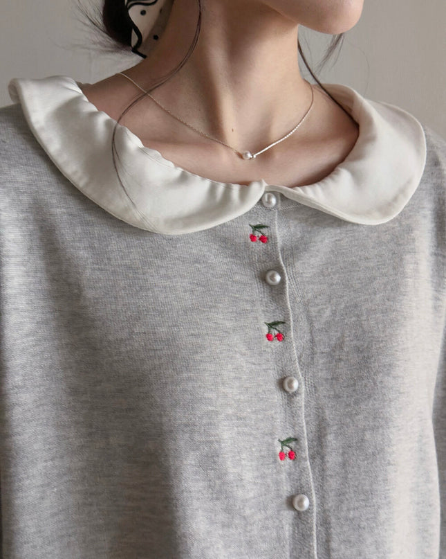 APXIVI Korean-Inspired Cherry Embroidery Wool Knit Cardigan (6% Wool)