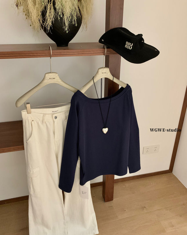 WGWE Off-Shoulder Slouchy Loose Long Sleeve Tee