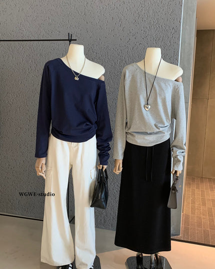 WGWE Off-Shoulder Slouchy Loose Long Sleeve Tee