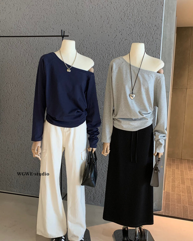 WGWE Off-Shoulder Slouchy Loose Long Sleeve Tee