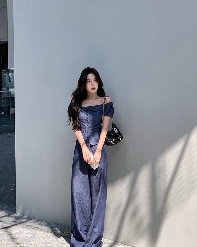 WGWE Minimalist Luxe Off-Shoulder Top + Relaxed Wide-Leg Pants Set