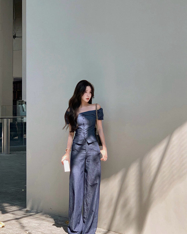 WGWE Minimalist Luxe Off-Shoulder Top + Relaxed Wide-Leg Pants Set