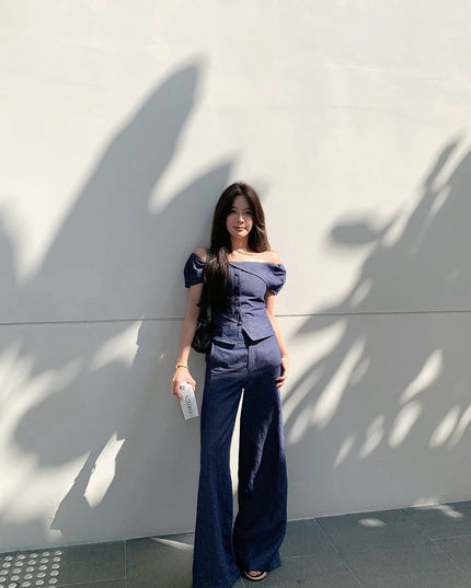WGWE Minimalist Luxe Off-Shoulder Top + Relaxed Wide-Leg Pants Set