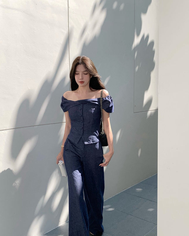 WGWE Minimalist Luxe Off-Shoulder Top + Relaxed Wide-Leg Pants Set