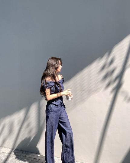 WGWE Minimalist Luxe Off-Shoulder Top + Relaxed Wide-Leg Pants Set