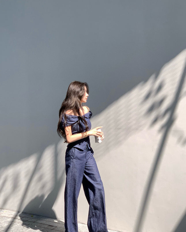 WGWE Minimalist Luxe Off-Shoulder Top + Relaxed Wide-Leg Pants Set