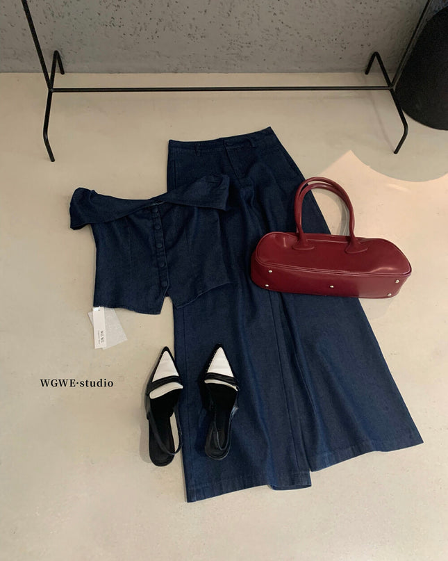 WGWE Minimalist Luxe Off-Shoulder Top + Relaxed Wide-Leg Pants Set