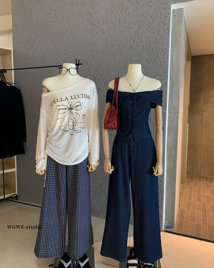 WGWE Minimalist Luxe Off-Shoulder Top + Relaxed Wide-Leg Pants Set