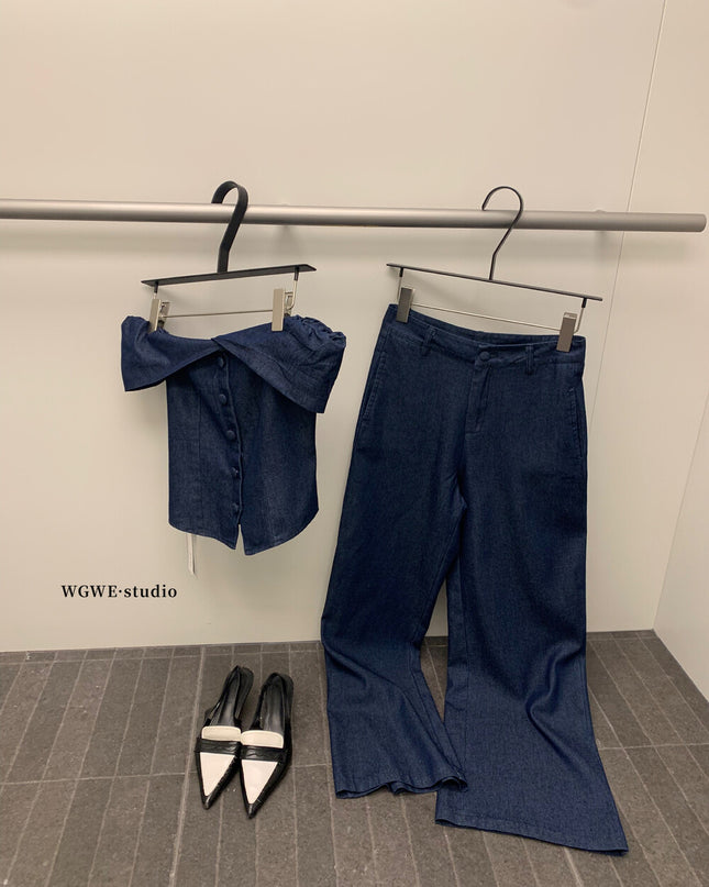 WGWE Minimalist Luxe Off-Shoulder Top + Relaxed Wide-Leg Pants Set