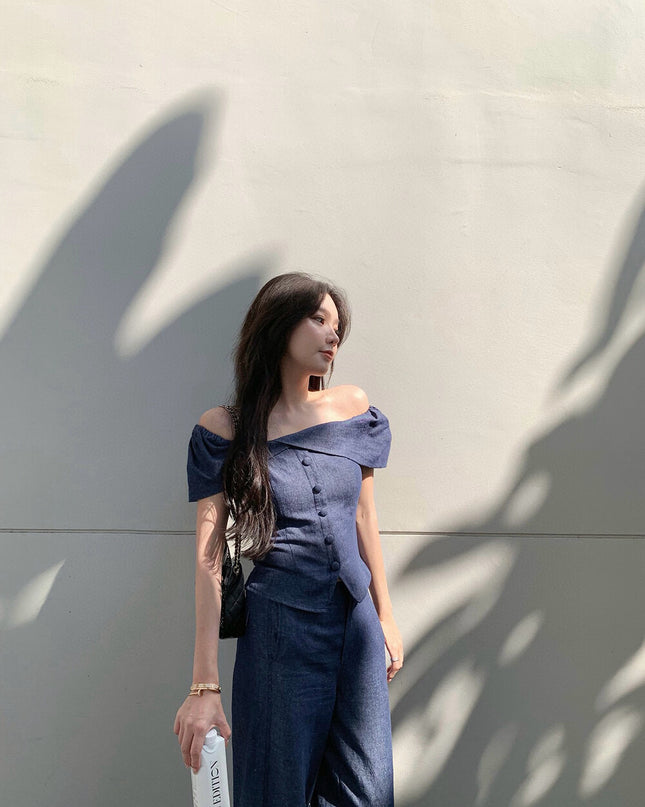 WGWE Minimalist Luxe Off-Shoulder Top + Relaxed Wide-Leg Pants Set
