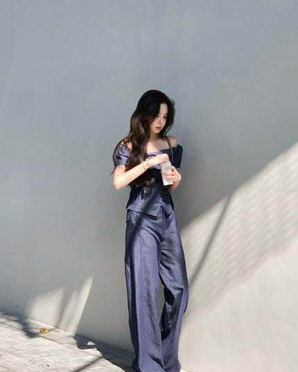 WGWE Minimalist Luxe Off-Shoulder Top + Relaxed Wide-Leg Pants Set