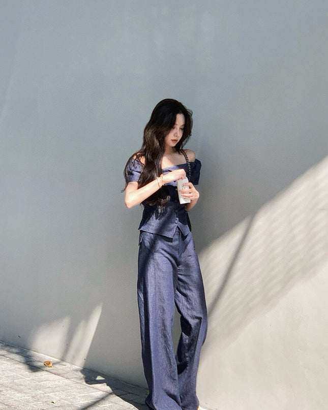WGWE Minimalist Luxe Off-Shoulder Top + Relaxed Wide-Leg Pants Set