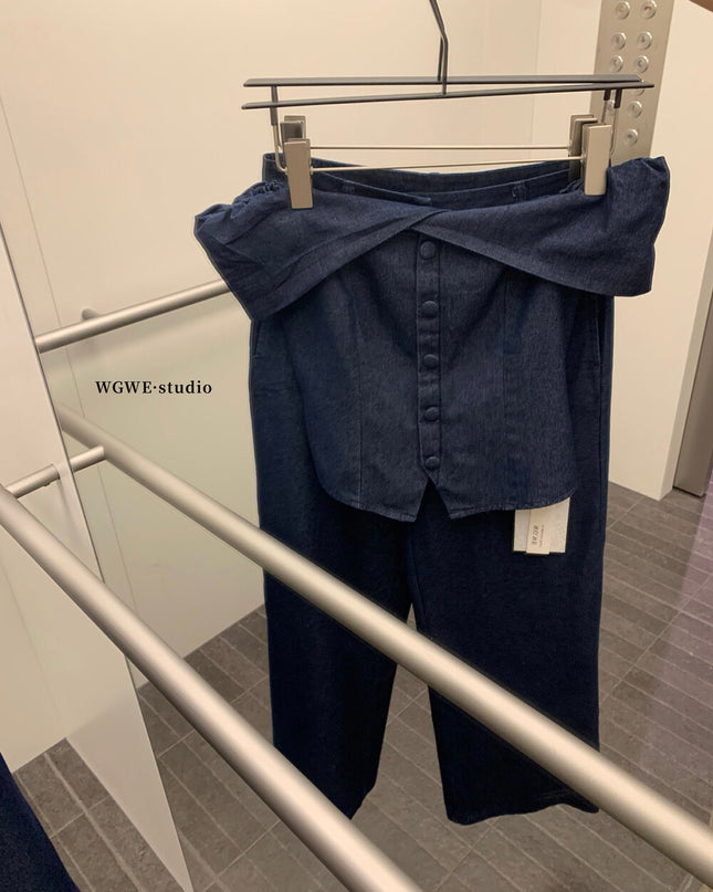 WGWE Minimalist Luxe Off-Shoulder Top + Relaxed Wide-Leg Pants Set