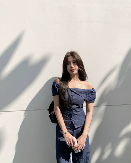 WGWE Minimalist Luxe Off-Shoulder Top + Relaxed Wide-Leg Pants Set