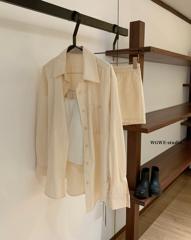 WGWE Striped Button-Up Shirt + Elastic Waist Casual Shorts Set