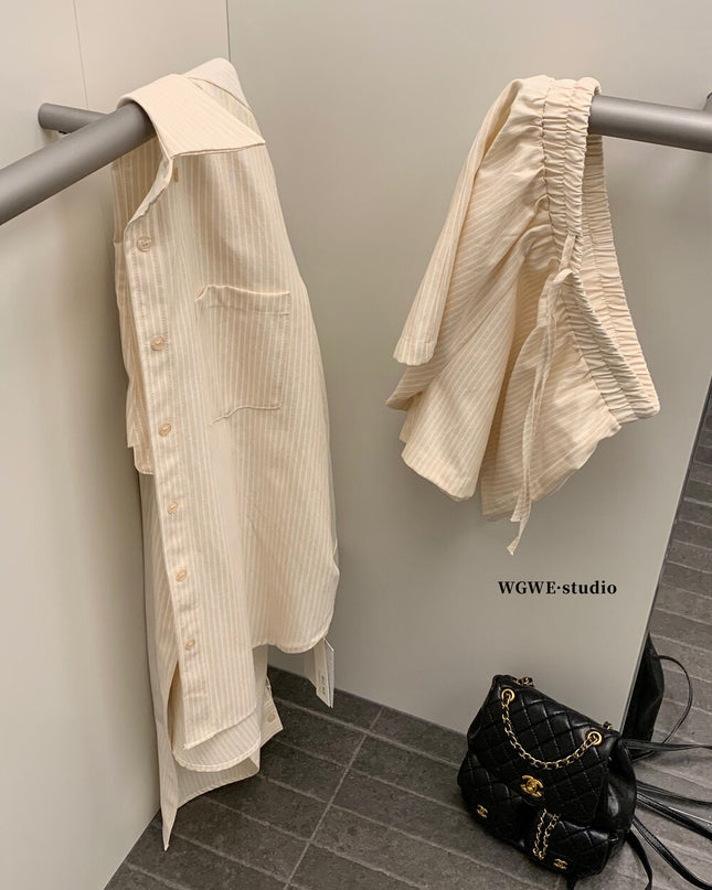 WGWE Striped Button-Up Shirt + Elastic Waist Casual Shorts Set