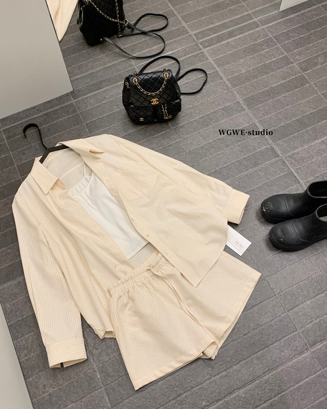 WGWE Striped Button-Up Shirt + Elastic Waist Casual Shorts Set