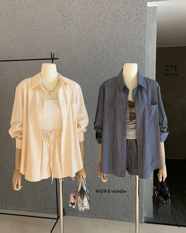 WGWE Striped Button-Up Shirt + Elastic Waist Casual Shorts Set