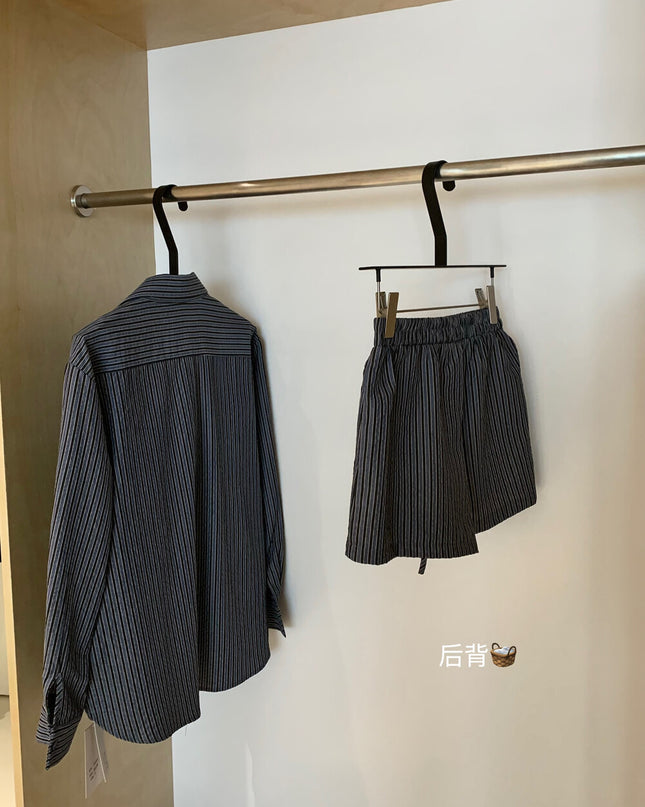 WGWE Striped Button-Up Shirt + Elastic Waist Casual Shorts Set