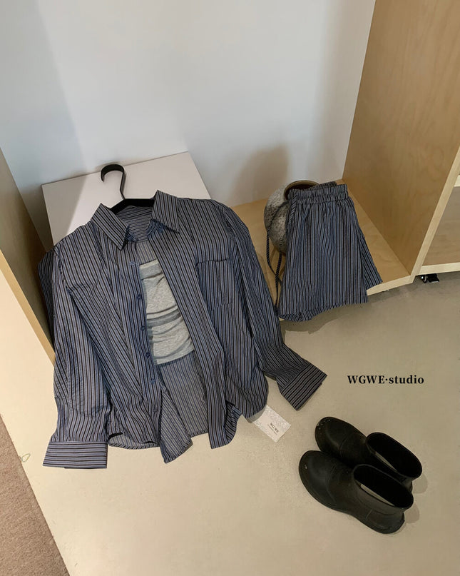 WGWE Striped Button-Up Shirt + Elastic Waist Casual Shorts Set