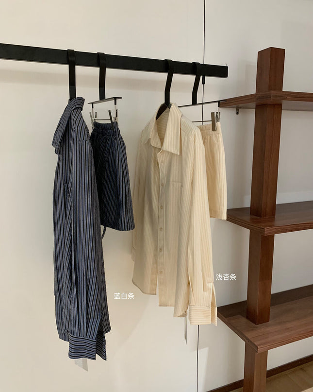 WGWE Striped Button-Up Shirt + Elastic Waist Casual Shorts Set