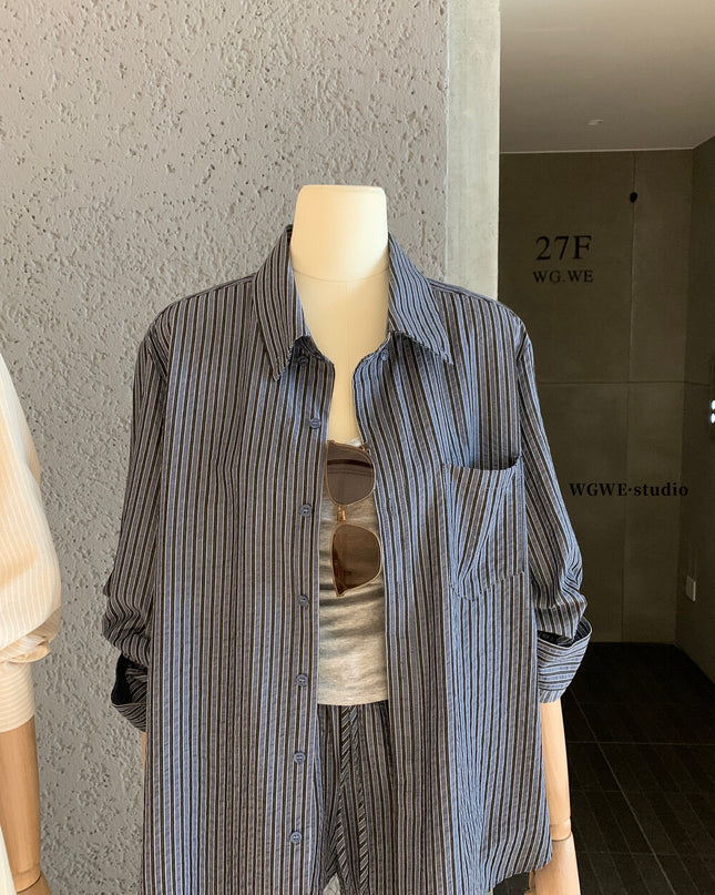 WGWE Striped Button-Up Shirt + Elastic Waist Casual Shorts Set