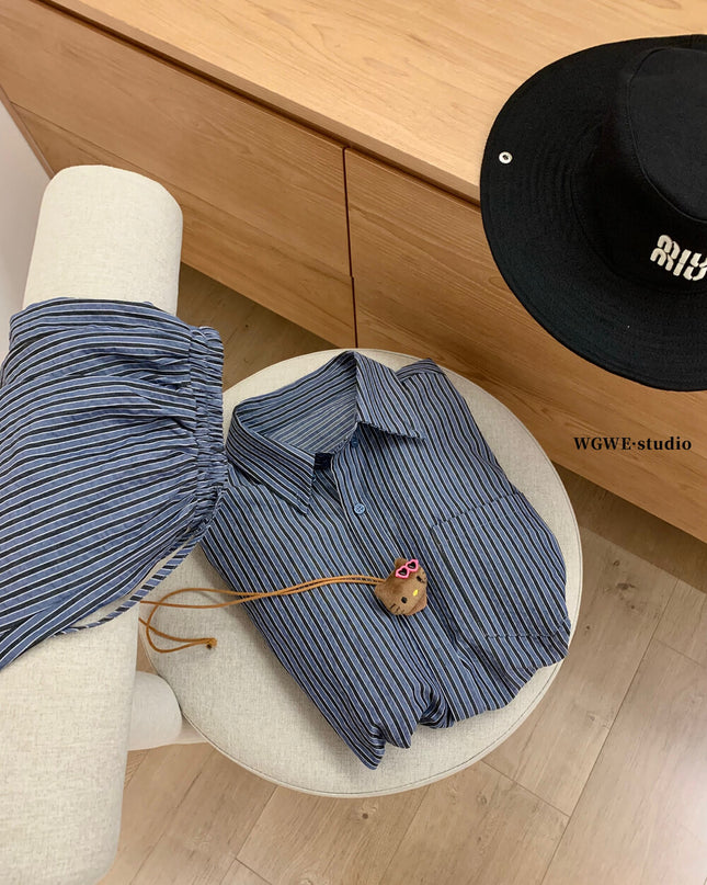 WGWE Striped Button-Up Shirt + Elastic Waist Casual Shorts Set